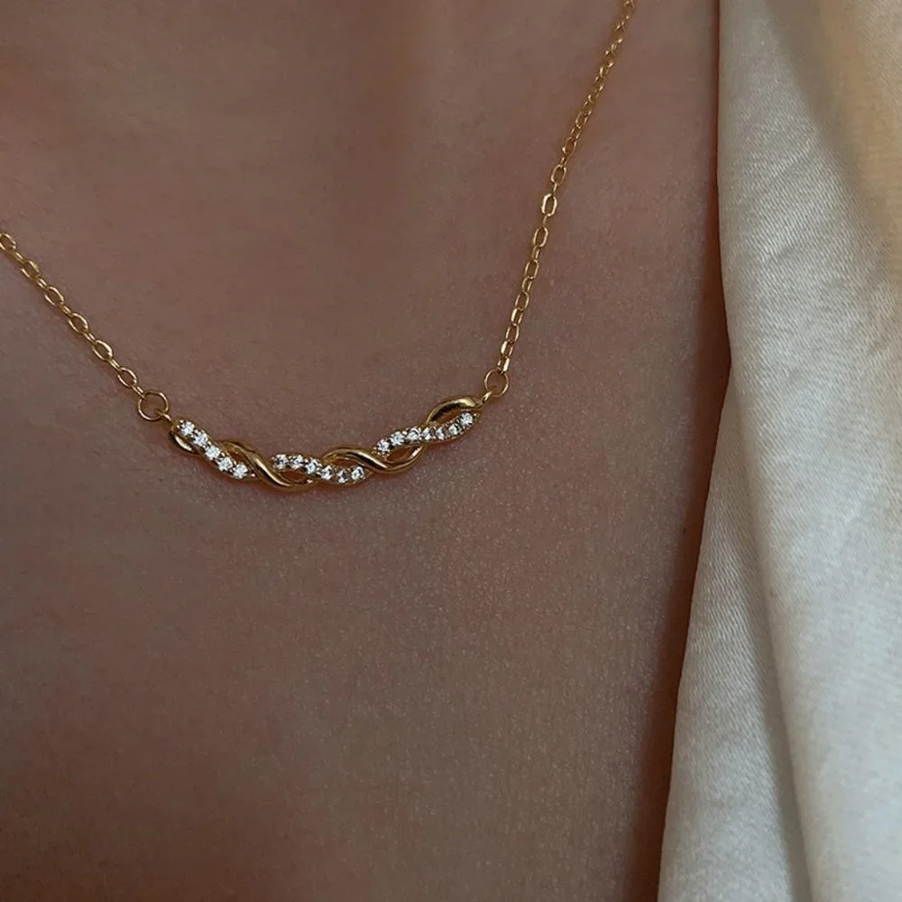 #NEW 925 Sterling Silver Diamond Braided Wave Necklace
